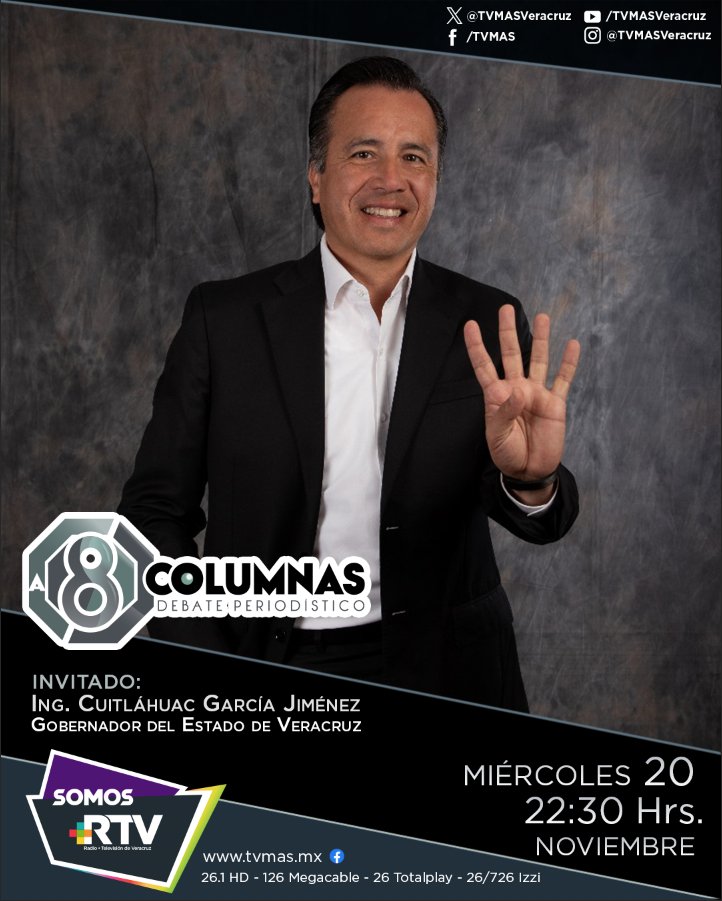 RTVVeracruz's tweet photo. Hoy en #A8Columnas ¡no te pierdas! una tercera parte de nuestra conversación con el Gob. @CuitlahuacGJ, donde continuaremos profundizando en los logros y desafíos de su administración.
⏰ 22:30 hrs
📺 @TVMASVeracruz 26.1 HD, 126 Megacable, 26 Totalplay, 26/726 Izzi
📱 Plat. Dig. https://t.co/bt0mPs67dS