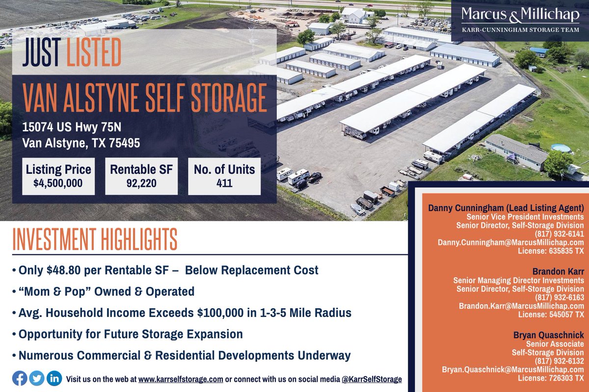 KarrSelfStorage's tweet photo. 📢 JUST LISTED ❗ Check Out Our Exclusively Listed 92,220 RSF Storage Facility in an Affluent North Texas Market that is Priced Below Replacement Cost – Click the Link for More Info! https://t.co/yOQS2Dc7gx
#selfstorage #justlisted #cre #commercialrealestate #marcusmillichap https://t.co/4HCo0xbu6a