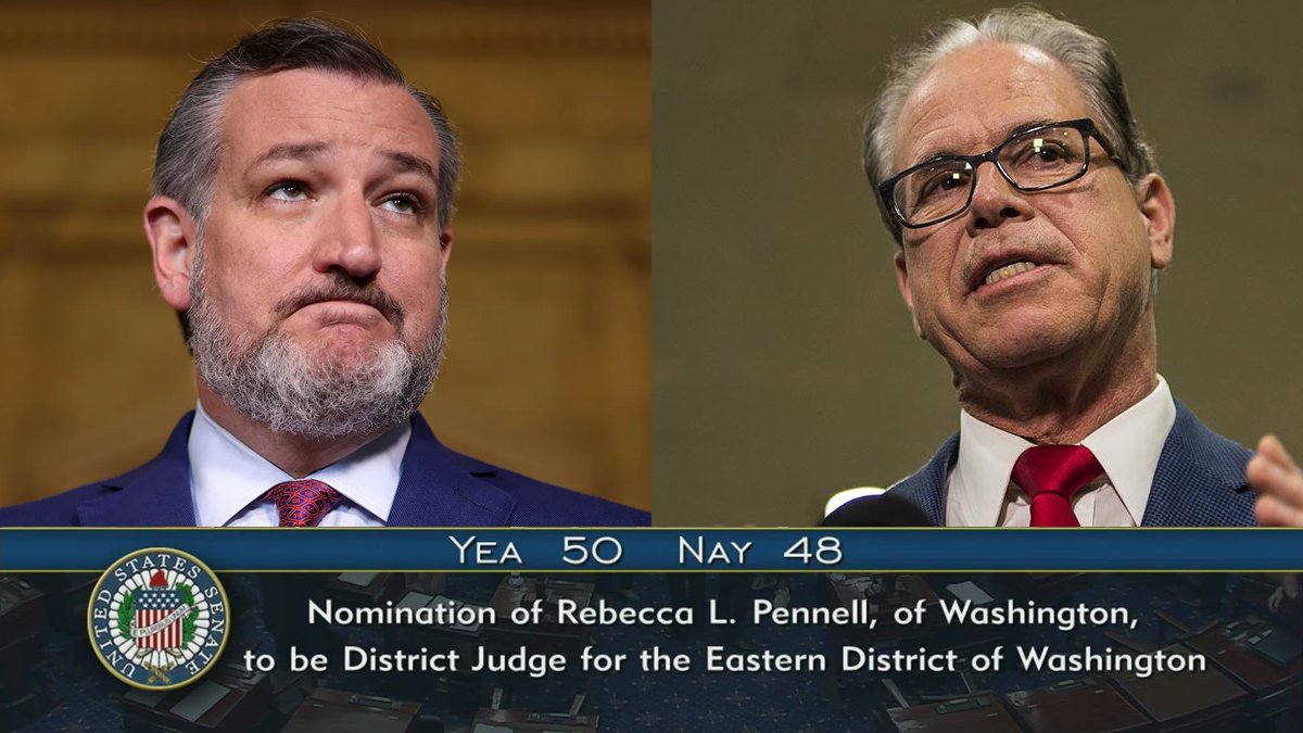 BehizyTweets's tweet image. BREAKING: Chuck Schumer just confirmed another lifelong federal judge with a vote of 50-48. Republican Senators Ted Cruz and Mike Braun didn't show up to block the confirmation by making it 50-50.

Kamala is currently in Hawaii, so she couldn't have cast the tie-breaking vote.…