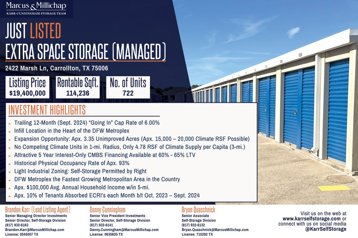 KarrSelfStorage's tweet photo. 📢 JUST LISTED ❗ Check Out Our Exclusively Listed 114,236 RSF Storage Facility in the DFW Metroplex with a "Going-In" 6% Cap Rate &amp; Expansion Potential – Click the Link for More Info! https://t.co/eHH1x1G35d

#selfstorage #justlisted #cre #commercialrealestate #marcusmillichap https://t.co/zGrYOYB9vW