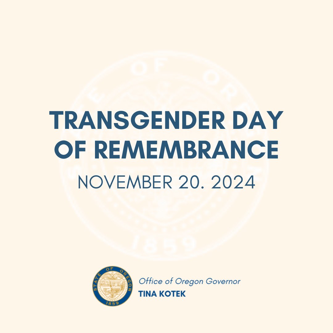 GovTinaKotek's tweet photo. Today is Transgender Day of Remembrance. We remember and honor the memory of transgender individuals who lost their lives to anti-transgender violence. Let’s work collectively to make sure everyone is safe and respected. https://t.co/aazFPr2lfl