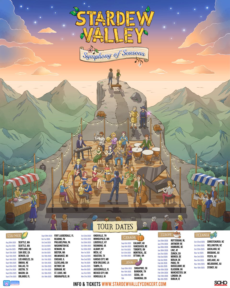 I'm happy to announce the 2nd Stardew Valley concert tour... Stardew Valley: Symphony of Seasons. This tour will features a larger orchestra, a different musical program, and more visual features. Please check the website for more info!   stardewvalleyconcert.com