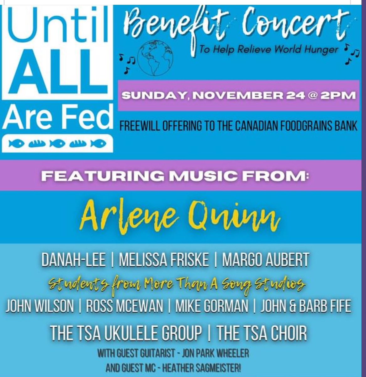 I will be donating my gift of music to help relieve world hunger this Sunday, November 24/24. Please come out to support this benefit concert. One person can make a difference but together we can make a huge impact! 

#canadianmusician #worldhunger #canadianfoodgrainsbank