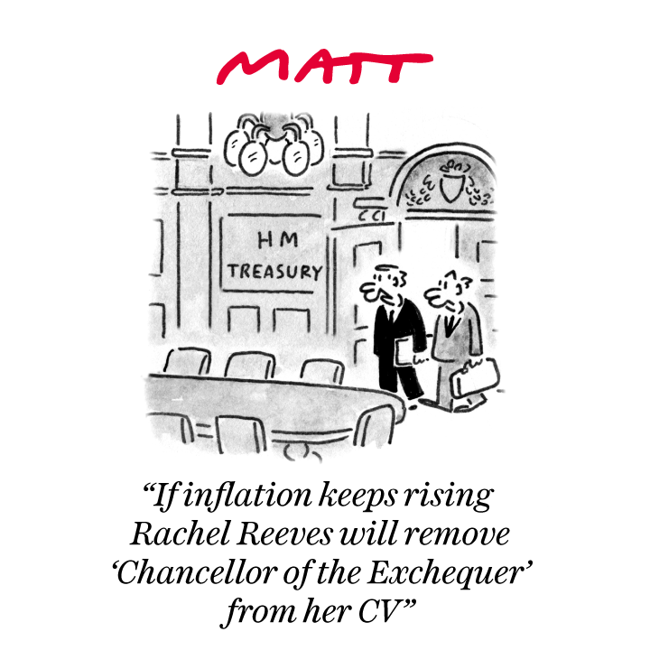 "If inflation keeps rising Rachel Reeves will remove 'Chancellor of the Exchequer' from her CV"

My latest cartoon for tomorrow's <a href="/Telegraph/">The Telegraph</a>

Buy a print of my cartoons at telegraph.co.uk/mattprints

Original artwork from chrisbeetles.com
