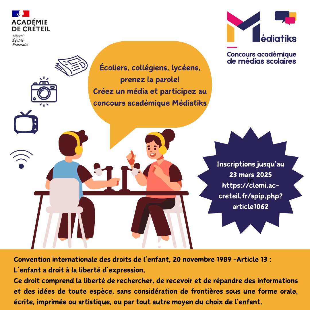 EMI Académie de Créteil (@clemicreteil) on Twitter photo Nous sommes le 20 novembre, journée internationale des droits de l'enfant et premier jour d'ouverture des inscriptions au concours Médiatiks de <a href="/AcCreteil/">Académie de Créteil</a>
Toutes les infos sur clemi.ac-creteil.fr/spip.php?artic… Nous sommes le 20 novembre, journée internationale des droits de l'enfant et premier jour d'ouverture des inscriptions au concours Médiatiks de <a href="/AcCreteil/">Académie de Créteil</a>
Toutes les infos sur clemi.ac-creteil.fr/spip.php?artic…