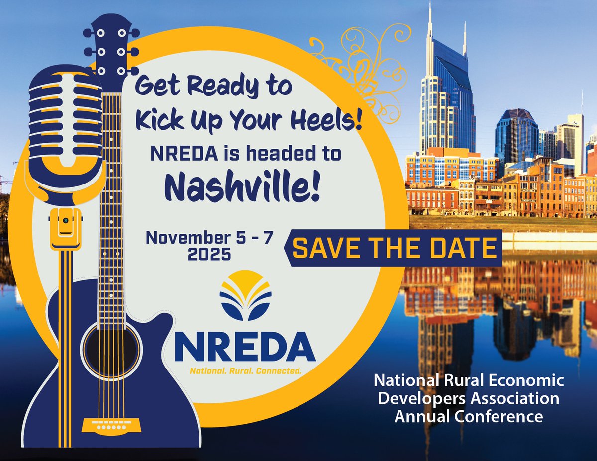 🎶 Get ready to kick up your heels! Next year NREDA is heading to Music City - NASHVILLE, Tennessee! 🤠

📆 Mark your calendar for our 2025 Annual Conference on November 5-7!

nreda.memberclicks.net/index.php?opti…

#NREDATakesNashville #NREDA #RuralProud #EconomicDevelopment