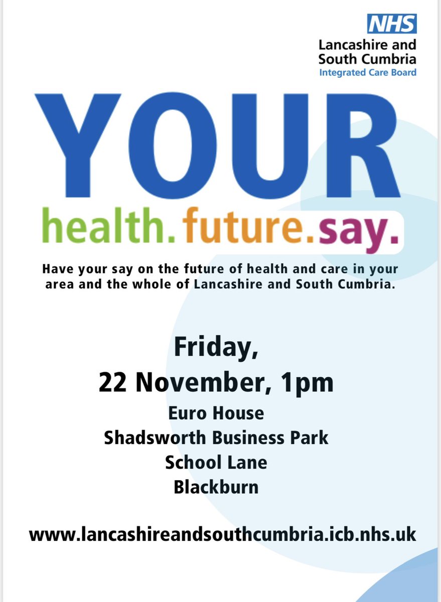 Charlotte Maria (@m2m_academy) on Twitter photo You are invited to attend the NHS Lancashire and South Cumbria Integrated Care Board (ICB) ‘Your health. Your future. Your say.’ event. <a href="/_Mind2Muscle/">Mind2Muscle®️</a>
Your views matter in shaping the vision and priorities of health and social care and we want to know what works well and what we You are invited to attend the NHS Lancashire and South Cumbria Integrated Care Board (ICB) ‘Your health. Your future. Your say.’ event. <a href="/_Mind2Muscle/">Mind2Muscle®️</a>
Your views matter in shaping the vision and priorities of health and social care and we want to know what works well and what we