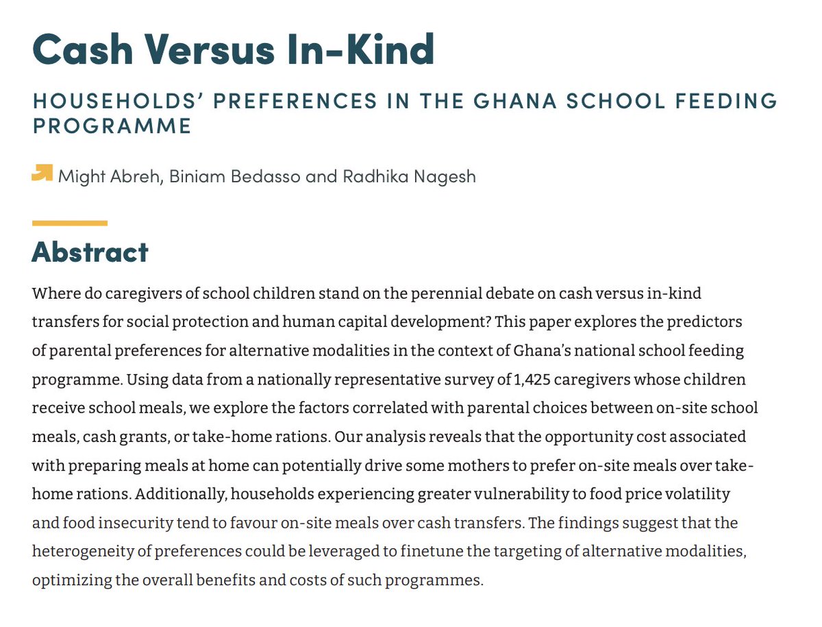 JustinSandefur's tweet photo. Food > money?

Most Ghanaian parents prefer school meals to the equivalent sum in cash.

Fear of food price inflation appears to be a factor. https://t.co/mX3EQPyjKv