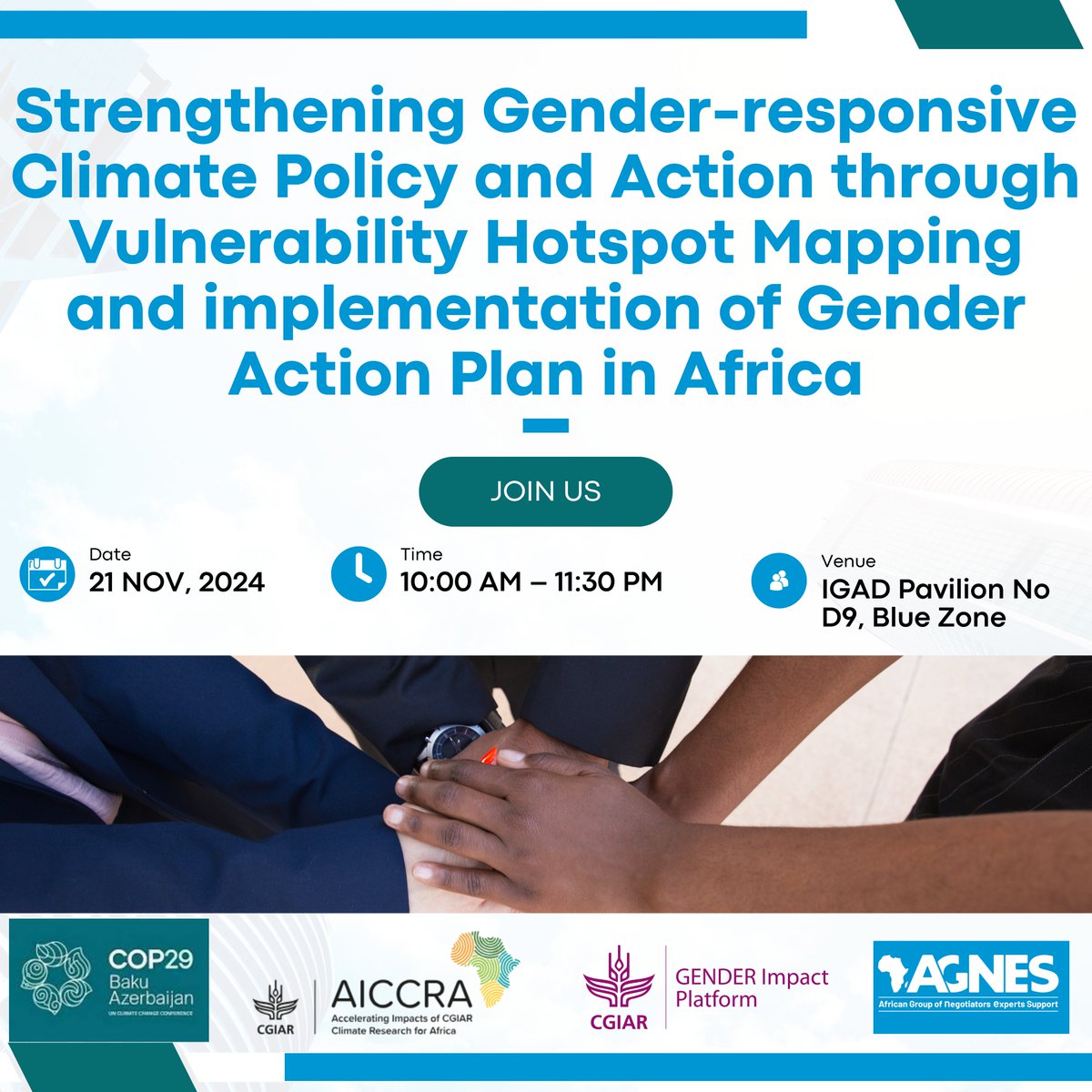 Join us TOMMORROW at the IGAD Pavillion as we delve in Strengthening Gender-responsive Climate Policy and Action through Vulnerability Hotspot Mapping and implementation of Gender Action Plan in Africa
Time: 10:00AM-11:30AM