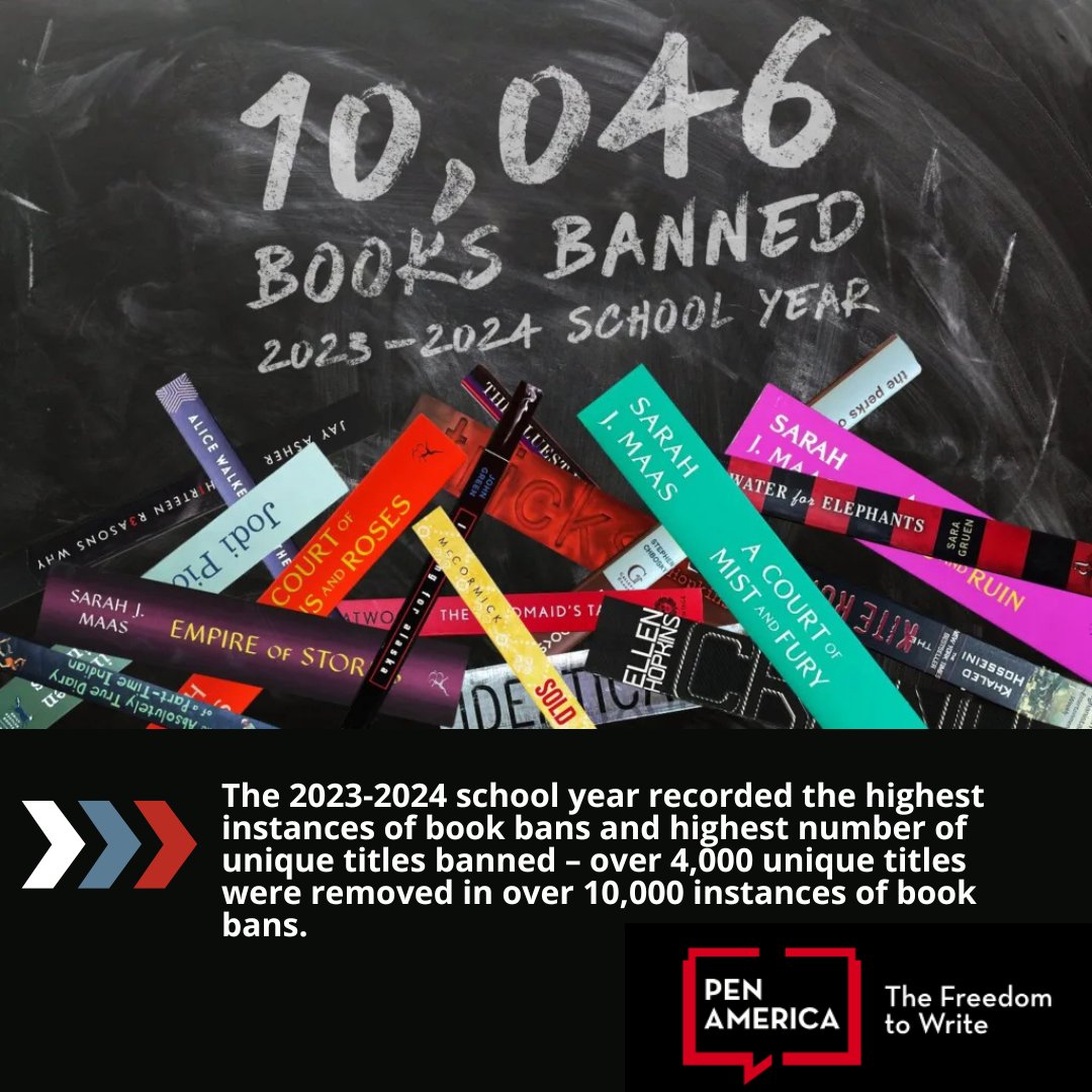 According to <a href="/PENamerica/">PEN America</a>, the 2023-2024 school year has been a record for book bans nationwide. Some of our history is difficult, but we must have the uncomfortable conversations necessary for ALL Americans. Read more about the 10,000+ bans here: pen.org/report/beyond-…