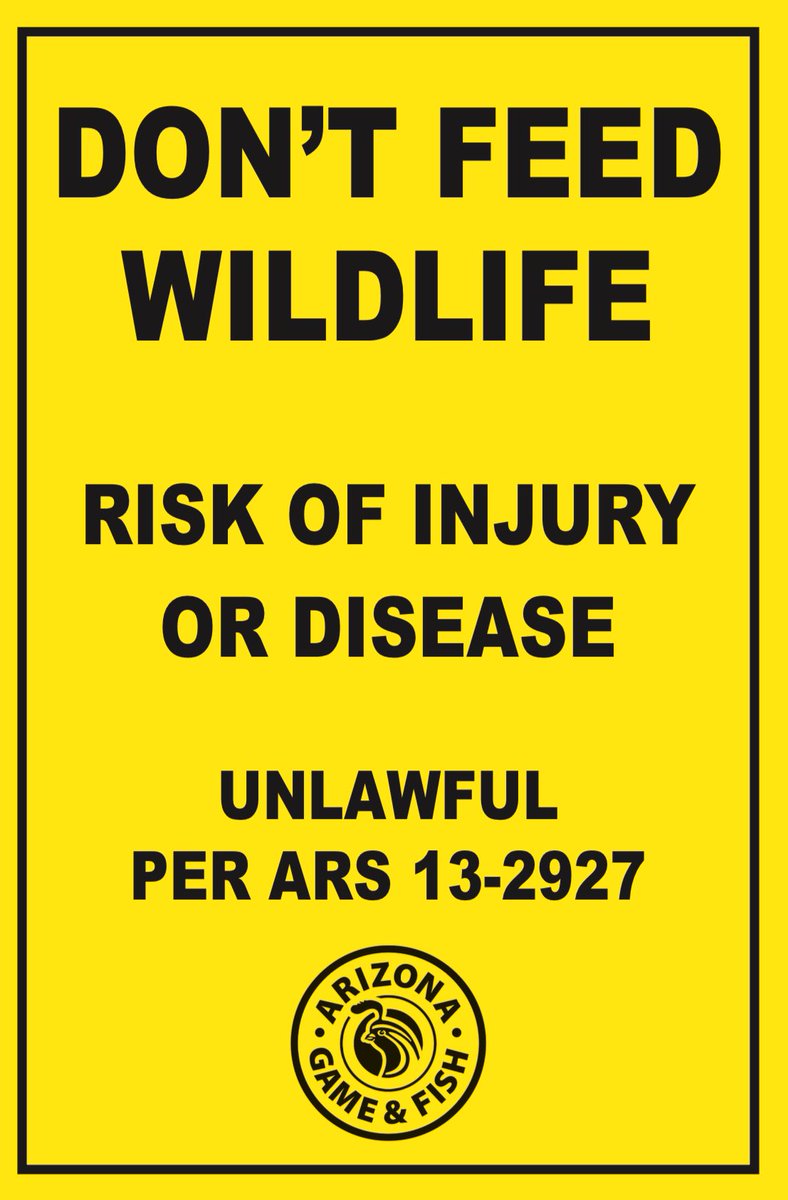 Multiple recent cases of apparent wildlife feeding is prompting <a href="/azgfdTucson/">AZ Game & Fish Dept</a> to remind the public it's against state law in Pima &amp; Pinal; birds &amp; squirrels exempt. Also unlawful in Santa Cruz &amp; Cochise. Fed wildlife lose fear of people. Up to $300 fine. Report it to 800-352-0700.