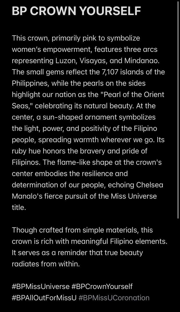 justmarygrace's tweet photo. This crown embodies Filipino pride: pink for strength, arcs for Luzon, Visayas, and Mindanao, gems for the 7,107 islands, the sun for unity, and a ruby for bravery. See the photo for more details.
 #BPMissUniverse #BPCrownYourself 
@Bingoplusph https://t.co/cDJYdUE4HR