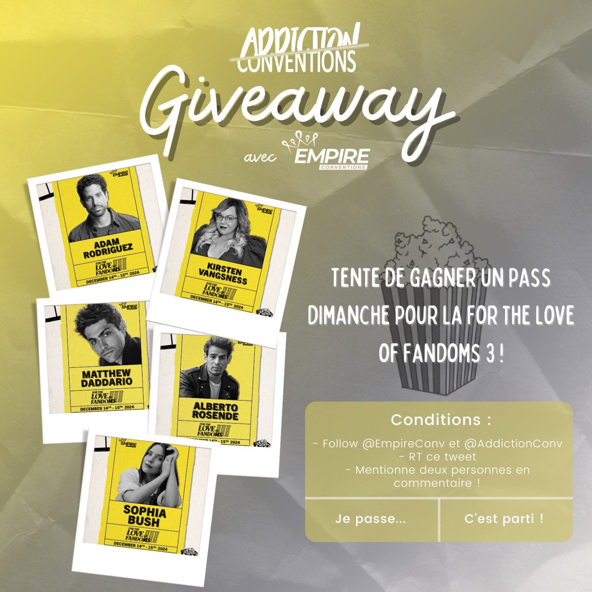 AddictionConv's tweet image. #GIVEAWAY #CONCOURS 
Tente de gagner un pass dimanche pour la #FTLOF3 de @EmpireConv à laquelle seront présents Adam Rodríguez, Kirsten Vangsness, Matthew Daddario, Alberto Rosende et Sophia Bush ! #CriminalMinds #Shadowhunters #OTH
- Follow @EmpireConv et @AddictionConv
- RT ce…