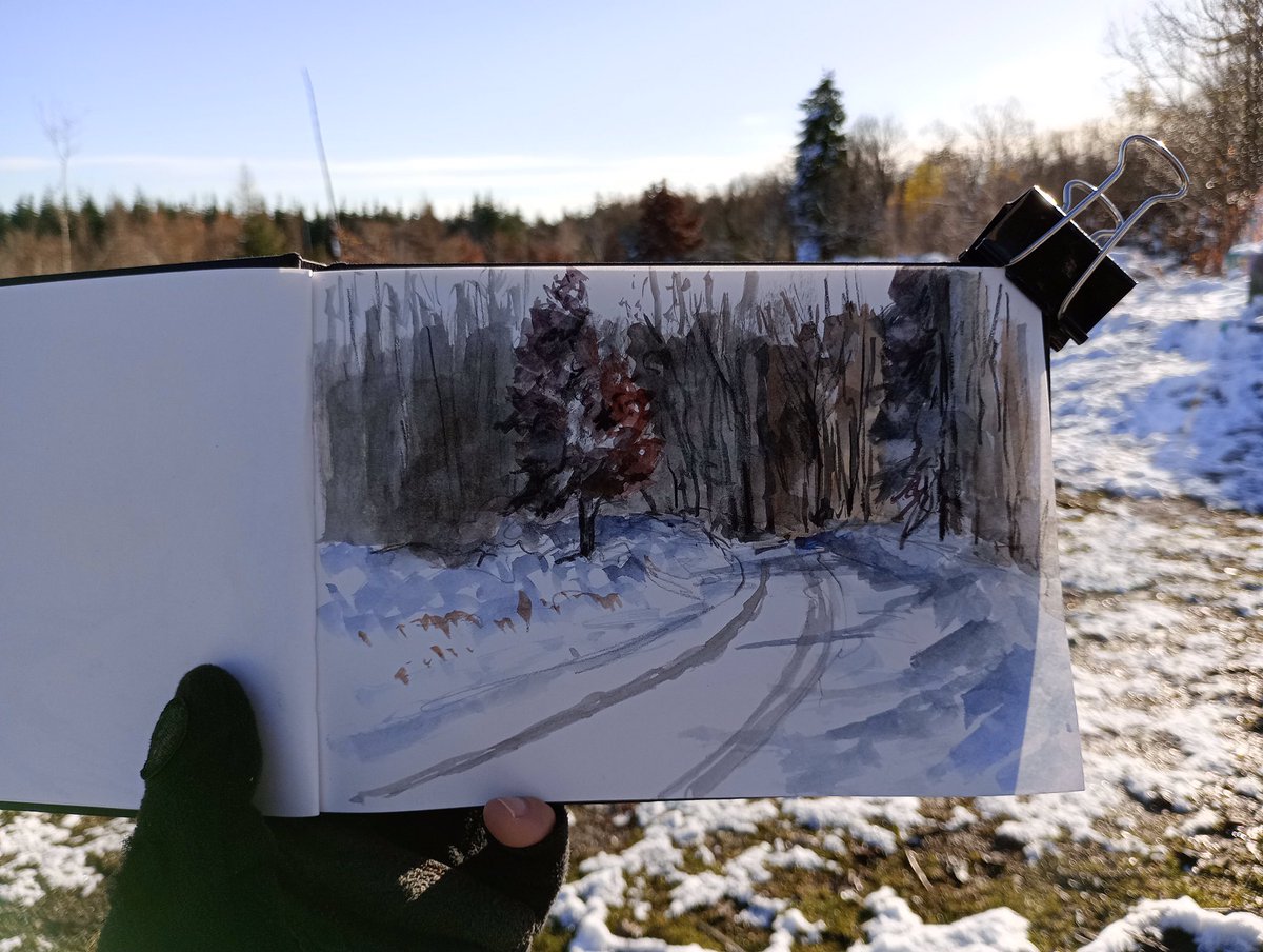 Snow and autumn colours. Sketch in the Wye Valley near the top of Beacon Hill.
#wyevalley #Watercolour