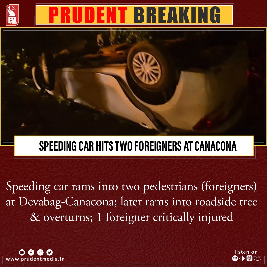 prudentgoa's tweet photo. Speeding car rams into two pedestrians (foreigners) at Devabag-Canacona; later rams into roadside tree & overturns; 1 foreigner critically injured
#Goa #Canacona #Accident #Devabag https://t.co/P8GbPgPfMy