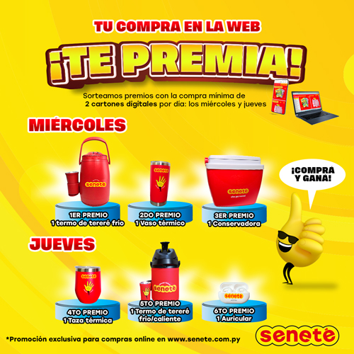 🥳 ¡Tu compra en la web te premia!

🎁 Sorteamos premios por día, con la compra mínima de dos cartones digitales, los días HOY miércoles y jueves.

🤩 Comprá tu cartón ganador del domingo y participás del sorteo de geniales premios ingresando a 👉🏻 senete.com.py/comprar