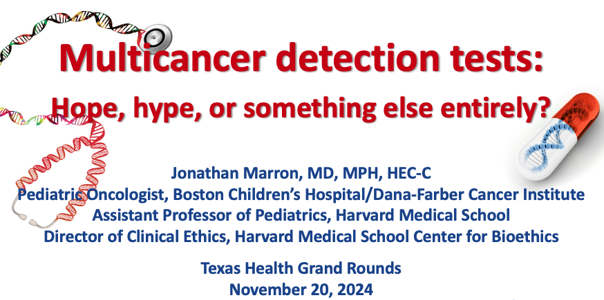 JonMarronMD's tweet photo. 🎉🥳Starting in 10 minutes (noon Central, 1p Eastern), my Grand Rounds presentation at @texashealth entitled "Multicancer detection tests: Hope, hype, or something else entirely?" 🥳🎉

@HMSbioethics @DanaFarber @BostonChildrens @DFBC_PedCare https://t.co/XzK5joG2eD