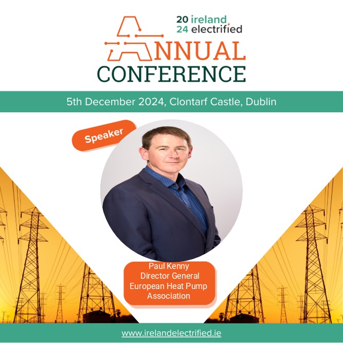 Speaking at the Ireland Electrified conference opening session will be Paul Kenny from the <a href="/helloheatpumps/">EHPA</a>

The conference will cover heat and transport electrification, offering a first of its kind event for Ireland. 

See below for more info:
events.windenergyireland.com/event/IrelandE…
