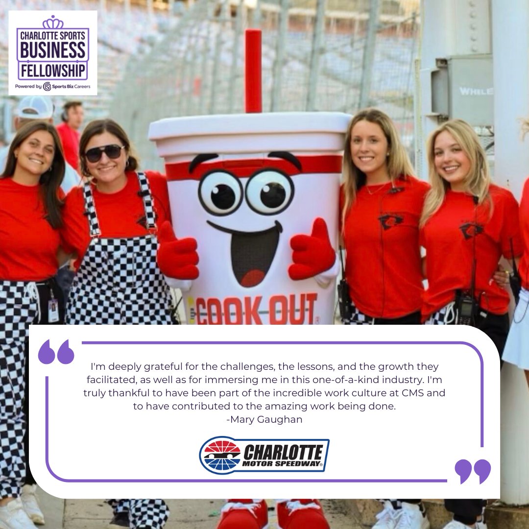 📸 FELLOW SNAPSHOT 📸
Mary Gaughan, cohort 2024, worked with Charlotte Motor Speedway. She highlights how the lessons she learned immersed her in the industry!

🚨 APPLICATIONS ARE OPEN 🚨
Apply to join this PAID experience for Summer 2025.
🔗 bit.ly/CLT2025