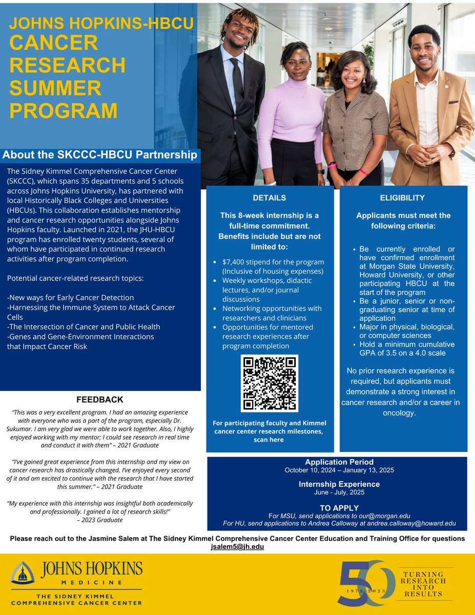 Jelani Zarif Lab (@zarif_lab) on Twitter photo Please share - Cancer Research summer internship opportunity for HBCU students here at <a href="/hopkinskimmel/">Johns Hopkins Kimmel Cancer Center</a> - deadline January 13th! Please share - Cancer Research summer internship opportunity for HBCU students here at <a href="/hopkinskimmel/">Johns Hopkins Kimmel Cancer Center</a> - deadline January 13th!