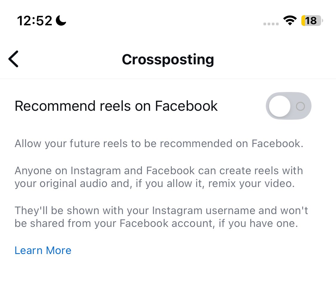 bigbadbeaver's tweet photo. Hi content creator friends, if you post reels on IG regularly, do you have this option checked on your page? Do you feel crossposting to FB has helped in any way if so? https://t.co/AJ20AThIis
