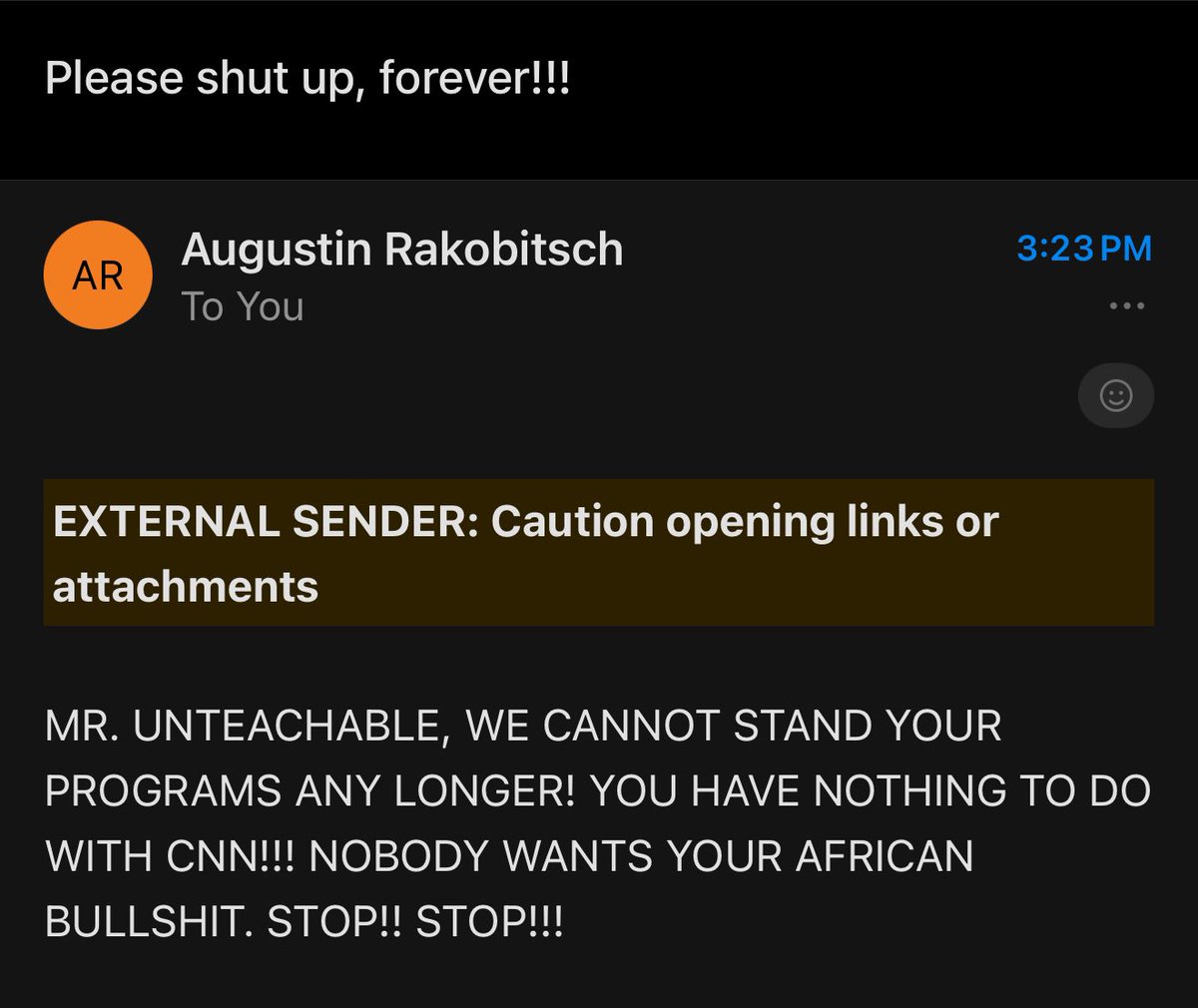 LarryMadowo's tweet photo. The racist man is back in my inbox 😂 https://t.co/8iLq94oBcD