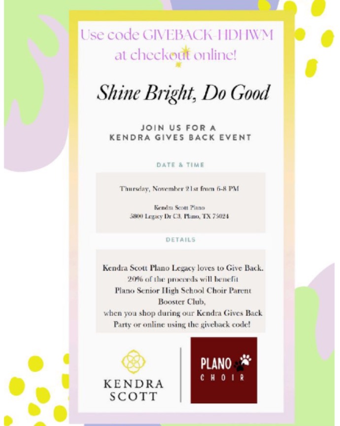 Shop for a cause! 💎 Join us Nov 21, 6-8 PM at Kendra Scott Plano or online w/ code GIVEBACK-HDHW! 20% of proceeds benefit Plano HS Choir Booster Club. 🎶 #PlanoChoir #KendraGivesBack