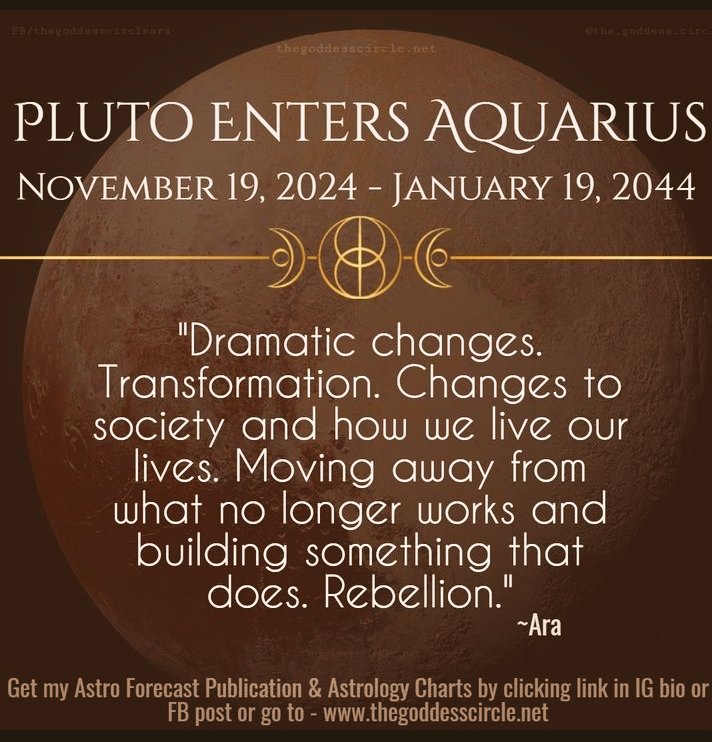 redheadbeauty4's tweet photo. Pluto re-entered Aquarius Nov.19,2024. Signifies 20 years of huge changes in this world. #AgeOfAquarius #PlutoAquarius . Everyone will experience dramatic changes collectively, & in your personal life. My birth chart has Moon & Mars in Aquarius,so I'm sure to see changes as well. https://t.co/1Z69oZguy0