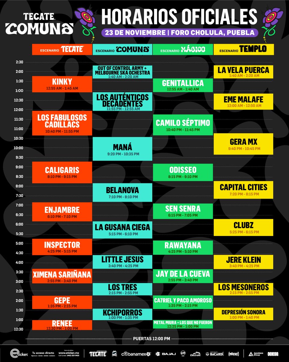 TecateComuna's tweet photo. Horarios oficiales de #TecateComuna ⏰🔥

🏄‍♂️ Últimos boletos disponibles en Eticket https://t.co/aF4tGUbBfb