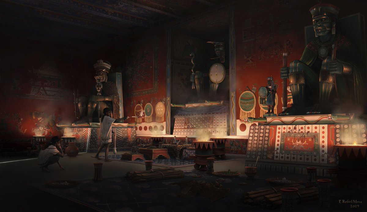 “Inical, Initeocal in Huitzilopochtli” 

The House and Temple of Huitzilopochtli - Commissioned by Trey the Explainer.

This is my interpretation of the sanctuary of Huitzilopochtli, one of two magnificent chapels that once crowned the Great Temple of Mexico-Tenochtitlan. 
🧵⬇️