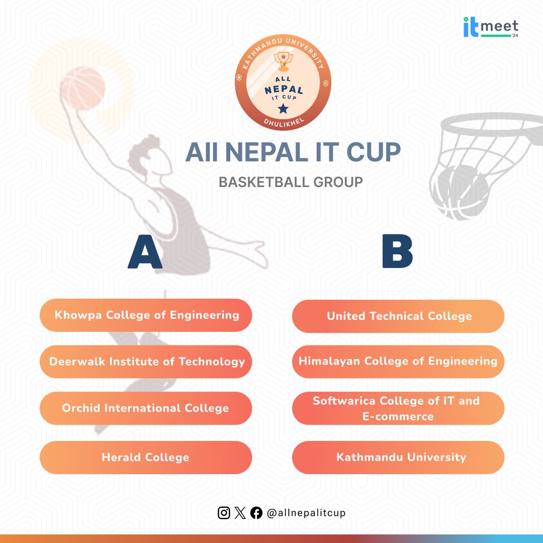 allnepalitcup's tweet photo. 🏀 Let’s Hoop It Up! 🏆

We’re excited to announce the official group stage lineup for the ANIC Basketball Tournament! 🎯🔥

The battle for glory begins as IT students from across Nepal hit the court to showcase their skills, strategy, and teamwork. 💪🏀
#AllNepalITCup #ITMeet https://t.co/0HOz1suoSd