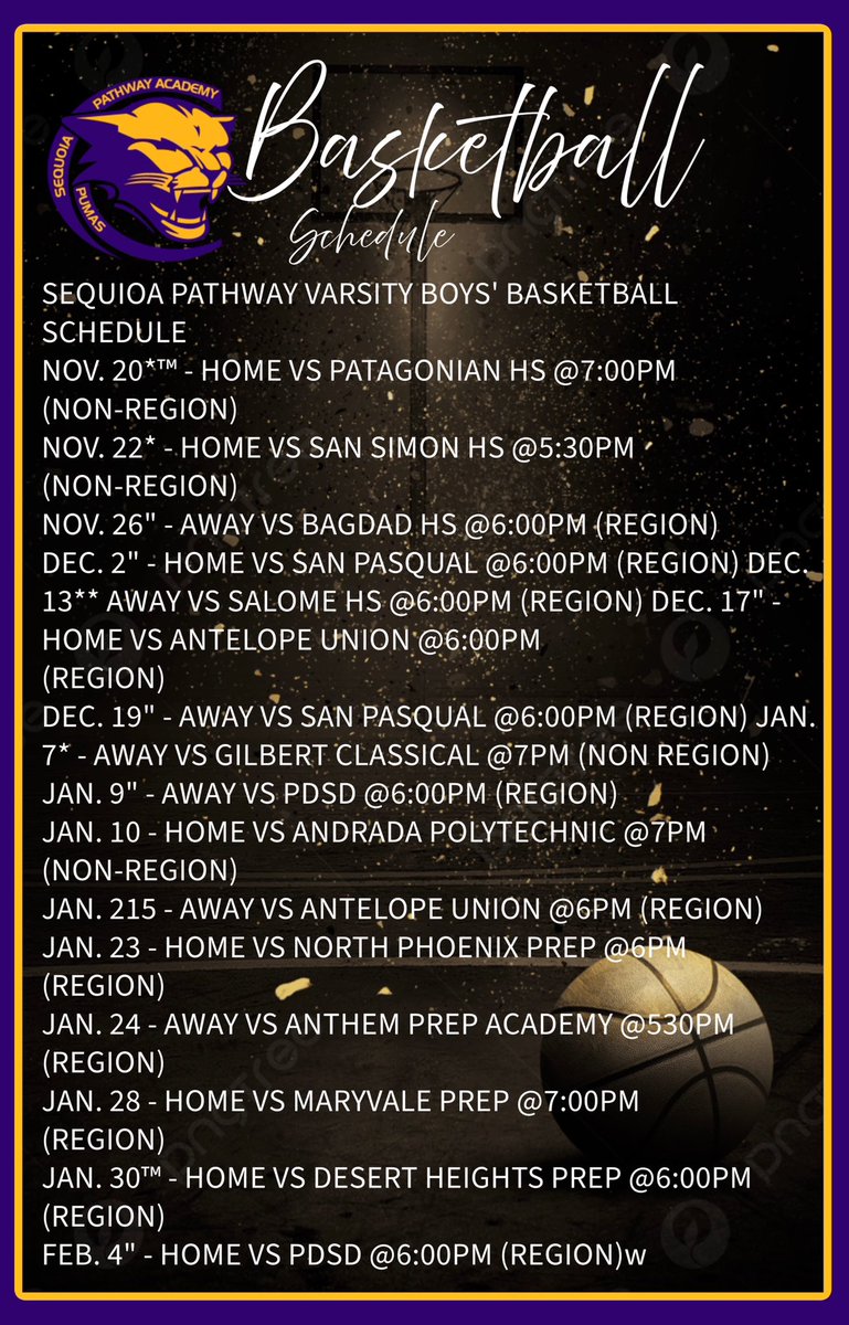SequoiaAth24's tweet photo. 2024-25 Sequoia Pathway Boys Varsity Basketball Schedule!! #GoPumas https://t.co/2aoEr4Ve1K