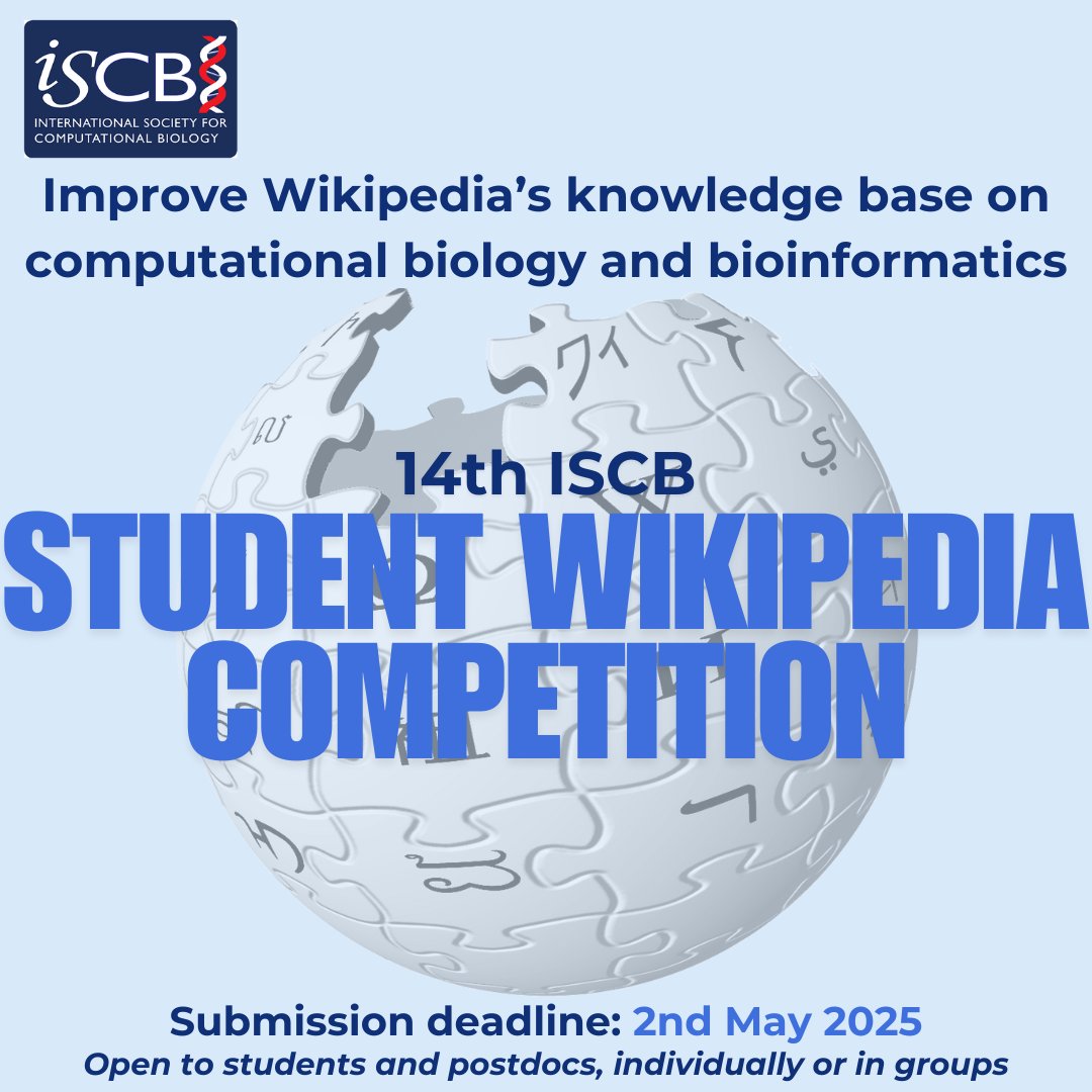 rsg_uk_iscb's tweet image. The 14th ISCB Student Wikipedia Competition is now open to entries from students and postdocs. The competition aims to improve Wikipedia’s coverage of any topic relating to ISCB’s Bioinformatics Core Competencies. 🧬📖
Interested in participating? 💡lnkd.in/e_c4GT7H