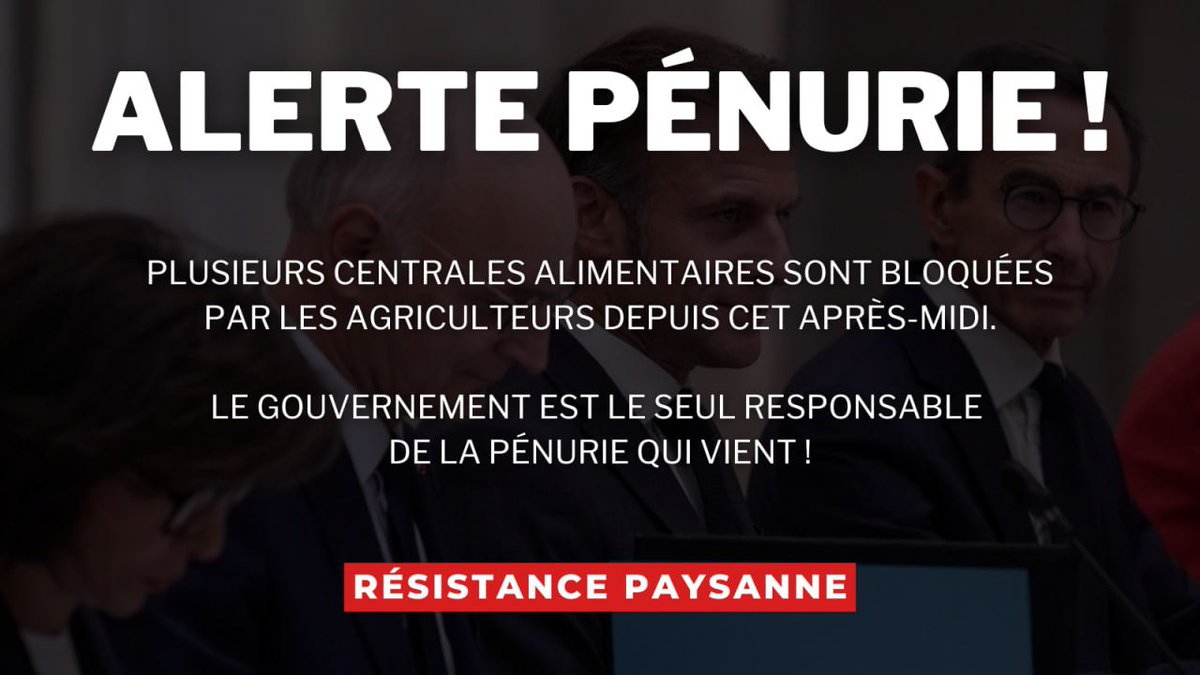 ResistPaysans's tweet image. ⚠️ ALERTE PÉNURIE !

Plusieurs centrales alimentaires sont bloquées ce soir et pour une durée illimitée. 

👉🏻 FAITES VOS COURSES !