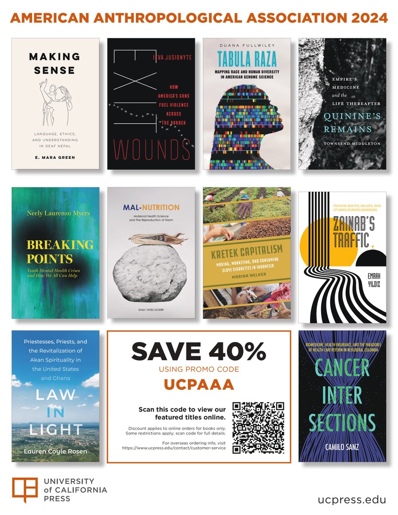 ucpress's tweet photo. Saw a book at our booth at #AAA2024Tampa that you just have to have? Or you couldn't make it this year, but still want one of our latest Anthro books?
Good news! Our AAA conference website is live and has the info you need to save 40% on select books: https://t.co/hSEAC86Q81 https://t.co/x4ACzKtKHH