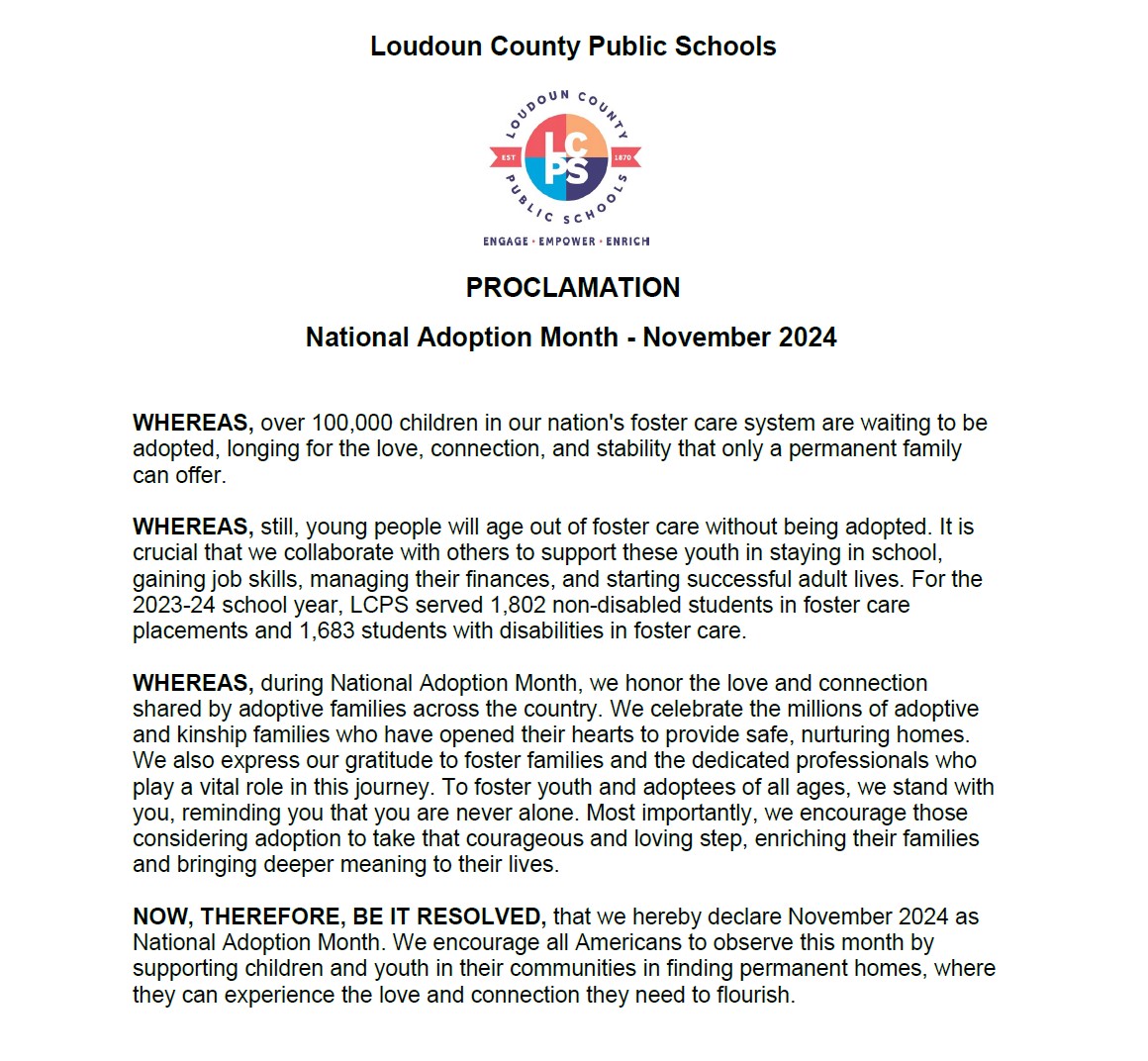 LCPSOfficial's tweet photo. The attached proclamation recognizes November 2024 as National Adoption Month in Loudoun County Public Schools. https://t.co/YYPIcfaHpR