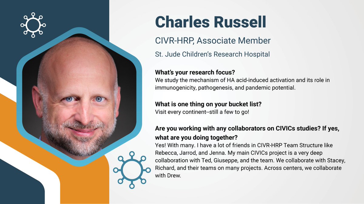 NIAID CIVICs (@niaidcivics) on Twitter photo Dr. Charles Russell, a member of CIVR-HRP, studies the mechanism of HA acid-induced activation at <a href="/StJudeResearch/">St. Jude Research</a>. He works with a variety of CIVICs researchers, strengthening the collaboration of the program. Dr. Russell hopes to visit every continent! #meetCIVICs Dr. Charles Russell, a member of CIVR-HRP, studies the mechanism of HA acid-induced activation at <a href="/StJudeResearch/">St. Jude Research</a>. He works with a variety of CIVICs researchers, strengthening the collaboration of the program. Dr. Russell hopes to visit every continent! #meetCIVICs