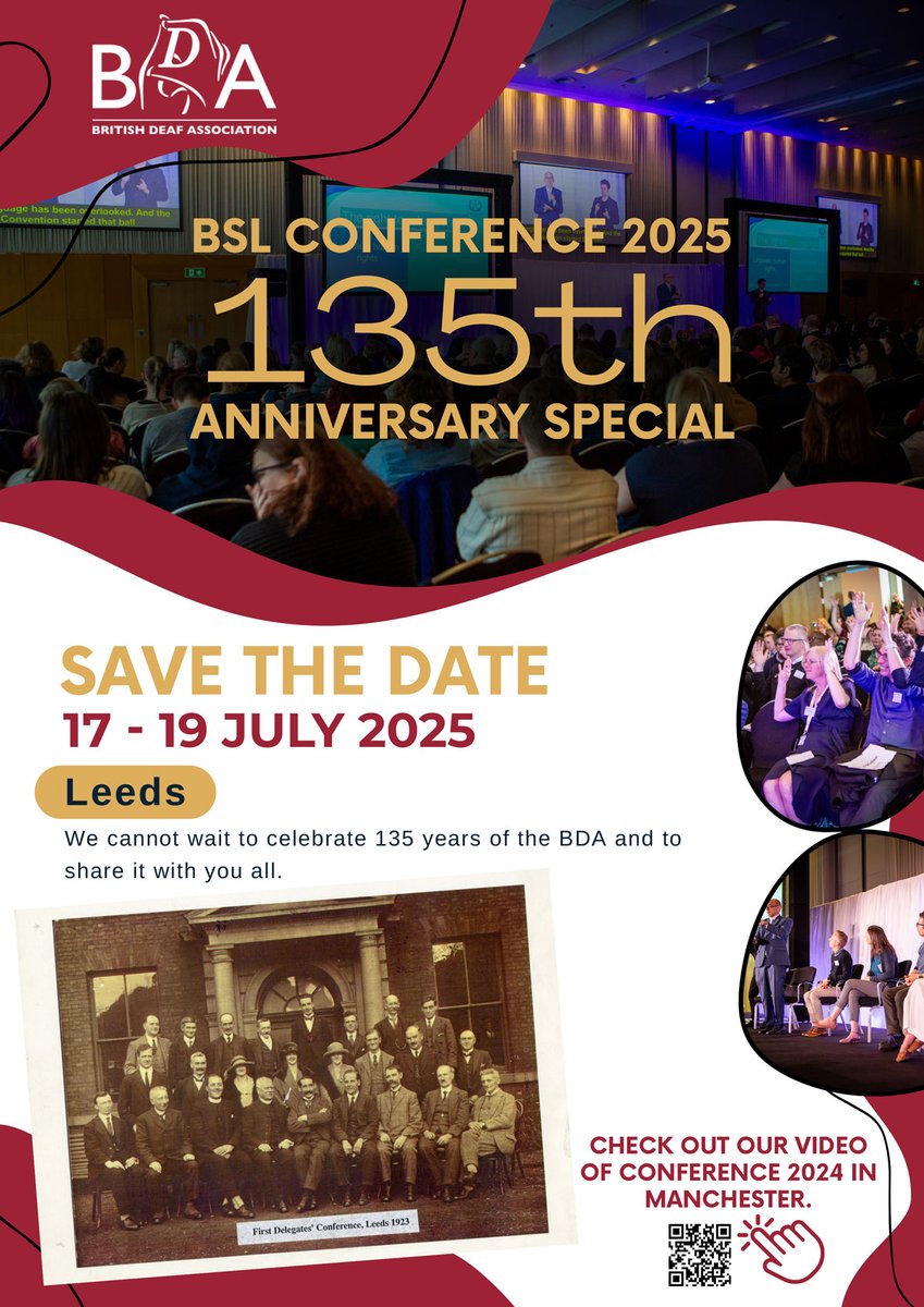 SAVE THE DATE!

The BSL Conference 2025 – 135th Anniversary Special 🎉

📅 17–19 July 2025
📍 Leeds

Join us to celebrate 135 years of the BDA &amp; the evolution of BSL – past, present &amp; future.

3 days of reflection, celebration &amp; ideas for the future.

#BSLConference2025