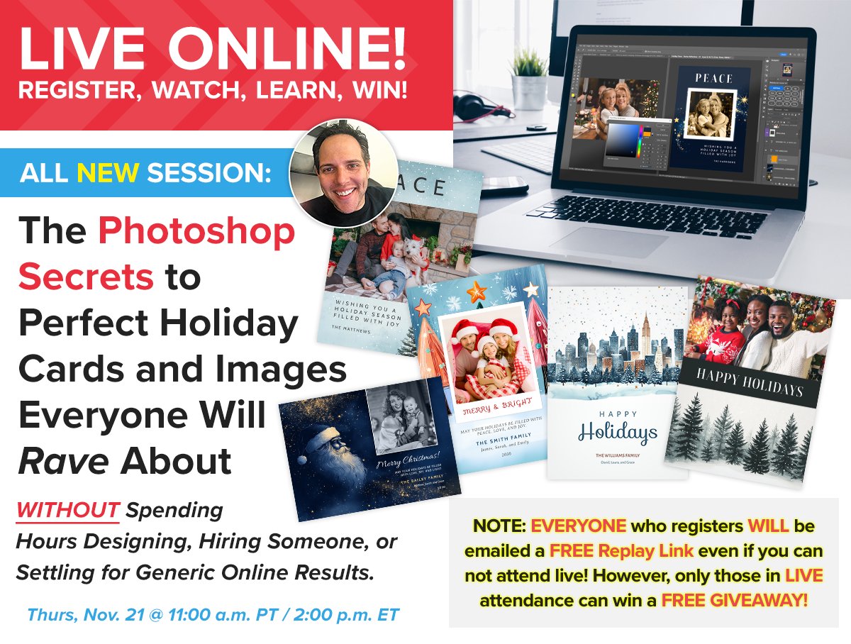 photobacks's tweet image. 🎉 Join Us LIVE for our next FREE Photoshop Webinar! 🎉
"The Photoshop Secrets to Perfect Holiday Cards and Images Everyone Will Rave About!" 
Thurs, Nov. 21 
attendee.gotowebinar.com/register/98645…
#PhotoshopTutorial #HolidayCardDesign #CustomHolidayCards #GraphicDesignTips #PhotoshopTemplates