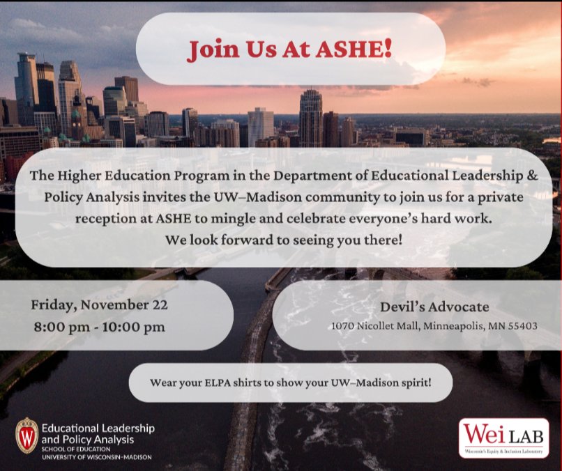 Krystal L. Williams PhD (@kryslwilliams) on Twitter photo Looking forward to connecting with my new colleagues, students, alum & others from the #ELPAHigherEd community at the reception this Friday during #ASHE2024! Hope to see you there! #ThisIsELPA #ForeverELPA #OnWisconsin
<a href="/UWMadison/">UW–Madison</a> <a href="/UWMadEducation/">UW–Madison School of Education</a> <a href="/ELPAUW/">UW-Madison ELPA Department</a> Looking forward to connecting with my new colleagues, students, alum & others from the #ELPAHigherEd community at the reception this Friday during #ASHE2024! Hope to see you there! #ThisIsELPA #ForeverELPA #OnWisconsin
<a href="/UWMadison/">UW–Madison</a> <a href="/UWMadEducation/">UW–Madison School of Education</a> <a href="/ELPAUW/">UW-Madison ELPA Department</a>