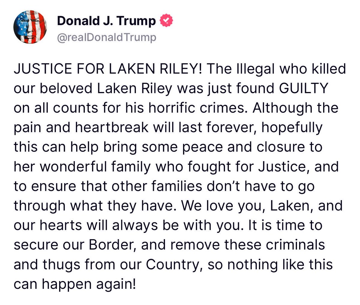 RyanAFournier's tweet photo. Trump statement on the verdict in Laken Riley’s murder: https://t.co/gbBFVJS5ES