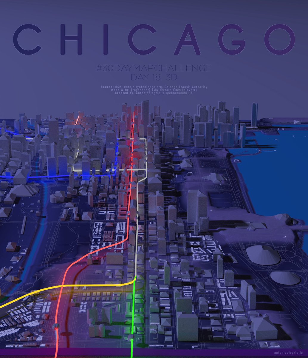 Day 18 of the #30DayMapChallenge: 3D🇺🇸🚇
Chicago made with #rayshader
Source: OSM | <a href="/cta/">cta</a> | @chicagocdo
#rstats