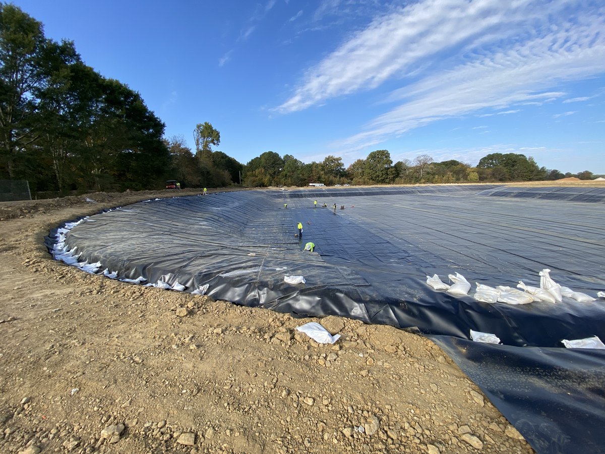 PlasticFusion's tweet photo. Check out photos from a recent installation completed by the PFF Crew. This 45 mil thick reinforced polyethylene (RPE) liner was installed in a stormwater pond. PFF is the leading installer of #StormwaterCollection systems. #StormwaterLiners #PondLiners https://t.co/l3BPwrT4Sb