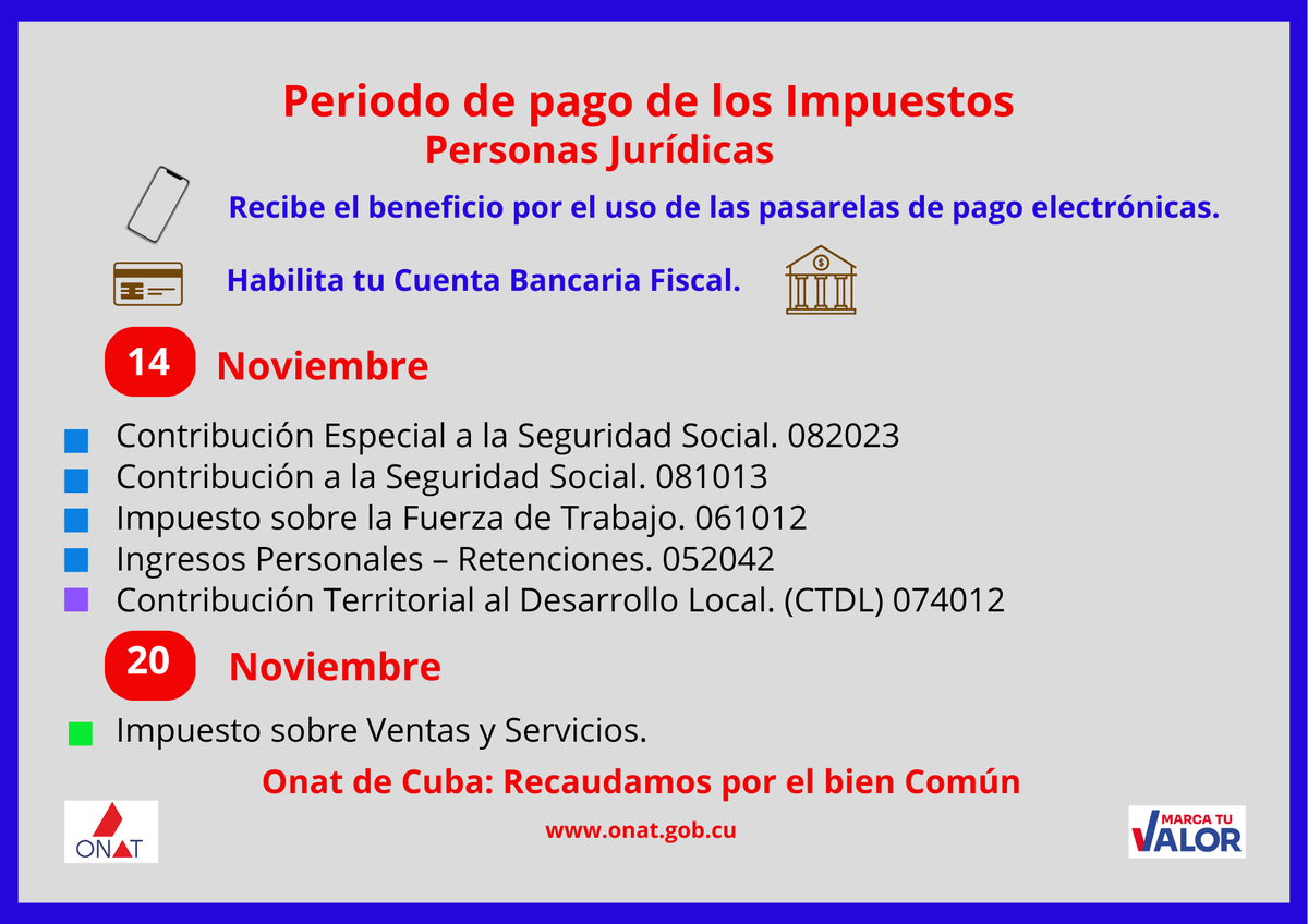 Estimado contribuyente, realiza el pago de los impuestos en tiempo, con responsabilidad tributaria y disciplina fiscal, destaca tus principios. <a href="/regueiro_ale/">Vladimir Regueiro Ale</a> <a href="/YenisleyOrtiz/">Yenisley Ortiz Mantecón</a>
 <a href="/finanzasprecios/">Ministerio de Finanzas y Precios Cuba</a> <a href="/Onat_Central/">Onat Oficina Central</a>
 <a href="/MaryBlancaOrte1/">Mary Blanca Ortega</a> <a href="/BelkPino/">Belkis Pino Hdez</a>
 <a href="/jcvilaseca/">Juan Carlos Vilaseca</a>
