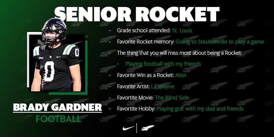 Senior Spotlights | Get to know Brady! 

Brady is our first St. Louis graduate! His effort and buy into the program can be seen in his transformation! We thank him for everything he has done for the program! 

#GoRockets
#BondedTogether
