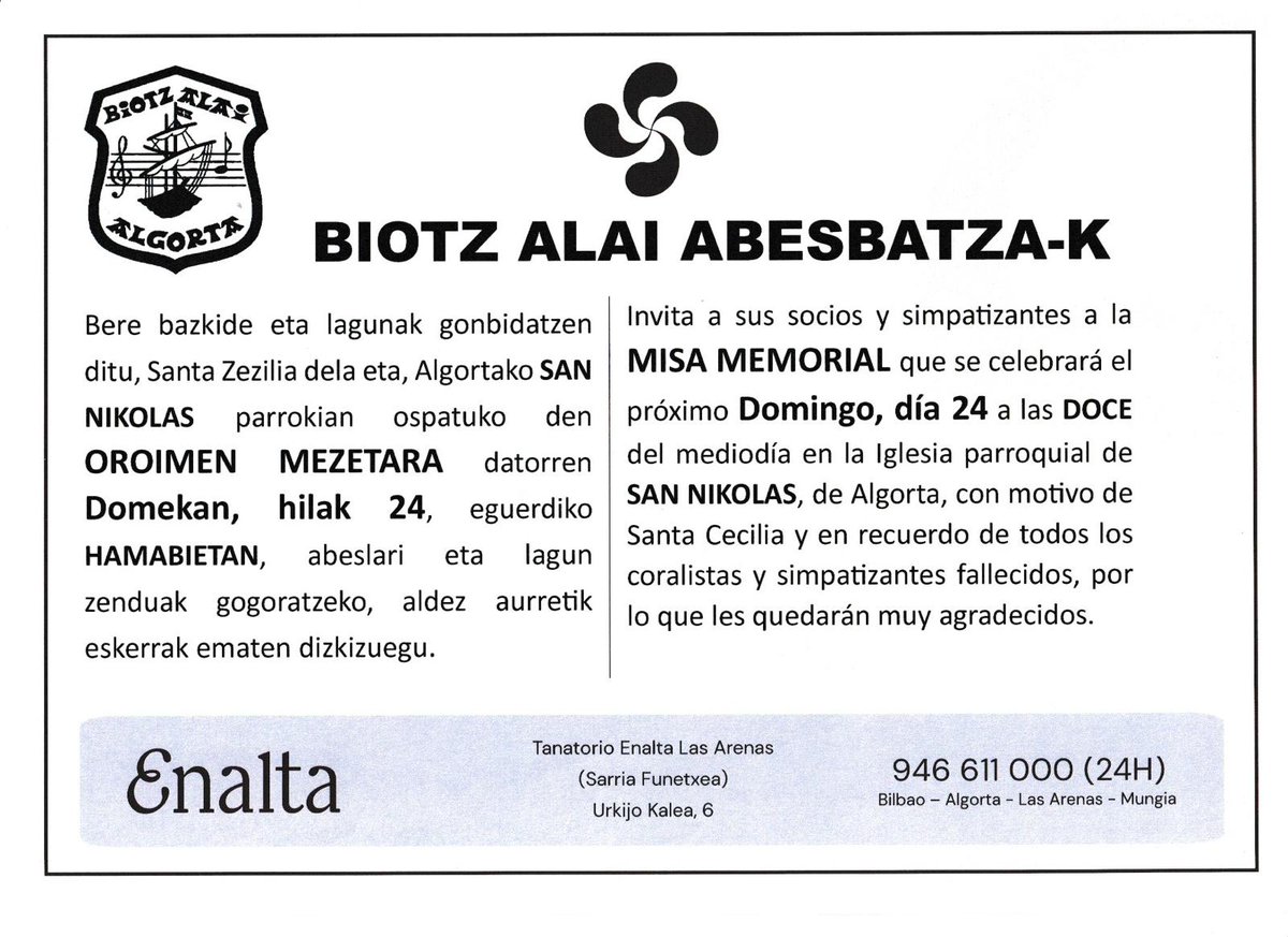 Para celebrar Santa Cecilia, cantaremos la misa del domingo 24 de noviembre a las 12:00 en San Nicolás de Algorta.