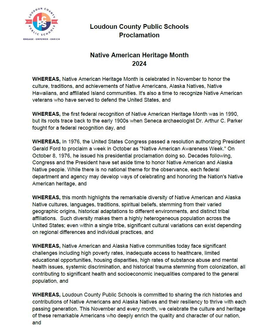 LCPSOfficial's tweet photo. The attached proclamation recognizes November 2024 as Native American Heritage Month in Loudoun County Public Schools. https://t.co/HDUYfdm8Wt