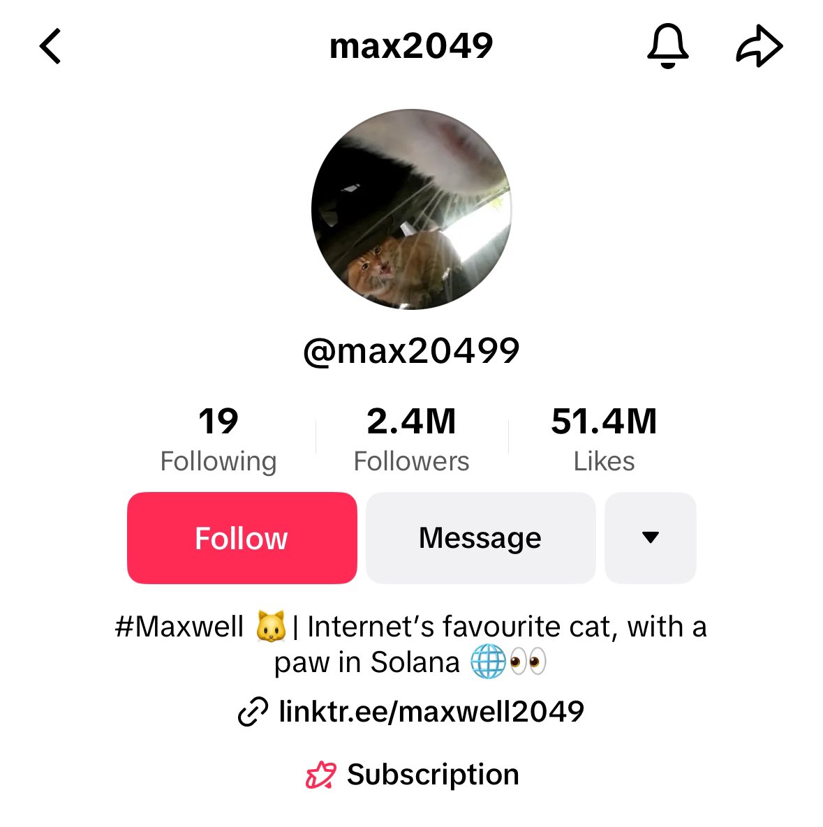 number 1 cat on tiktok is $maxwell

called it in the cabal a few minutes ago, already up 2.5x 

team owns this tiktok account, there is a link to the dex on the bio

could be something

ca: H84qihes12nVQarr8rzmw87hDXUbHtFKRm5joBcbpump