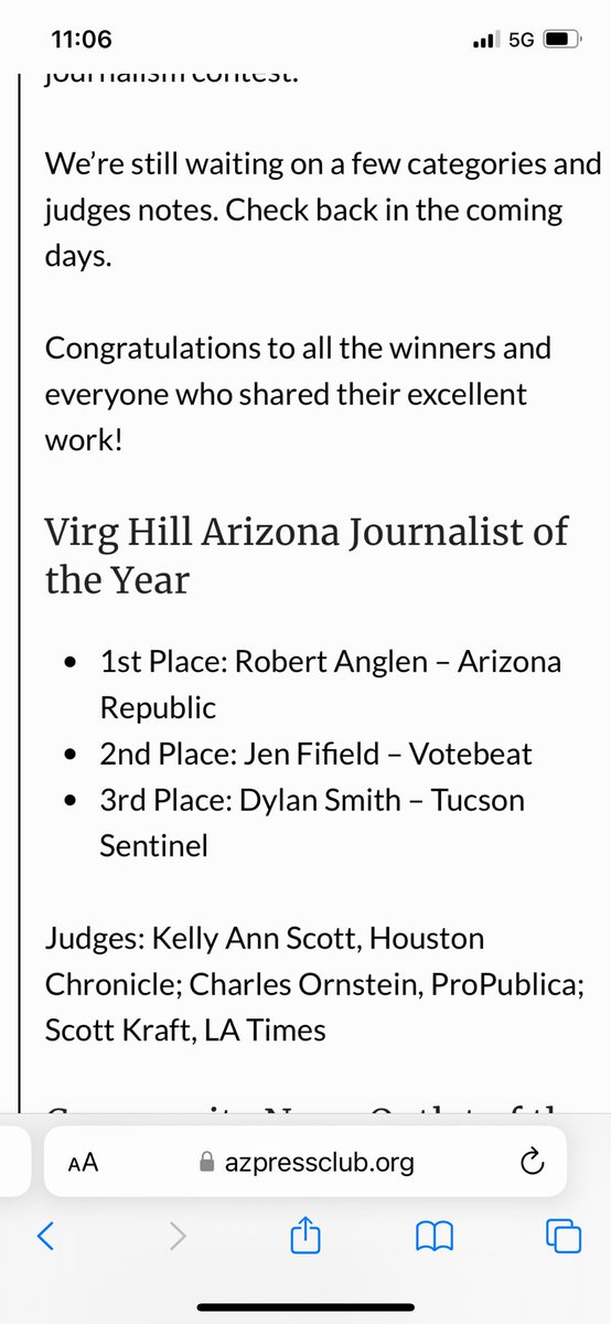 Robert Anglen (@robertanglen) on Twitter photo Honored to be named journalist of the year by <a href="/AZPressClub/">Arizona Press Club</a> for our investigation into the murder of Preston Lord and assaults by the Gilbert Goons. We <a href="/azcentral/">azcentral</a> heard the community’s cry for answers and accountability that our stories tried to answer.
azpressclub.org/2024/11/19/202… Honored to be named journalist of the year by <a href="/AZPressClub/">Arizona Press Club</a> for our investigation into the murder of Preston Lord and assaults by the Gilbert Goons. We <a href="/azcentral/">azcentral</a> heard the community’s cry for answers and accountability that our stories tried to answer.
azpressclub.org/2024/11/19/202…