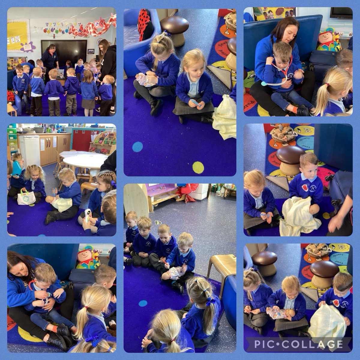 standrewscep's tweet photo. Today Julia and Dexter came to show us the signs for when we are poorly 🤒. The children all took turns to look after the baby and some also had a turn at putting a bandage on the monkey  who had bumped his head . 🤕🥰 https://t.co/dm4UjTvtAs